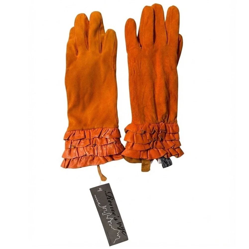Renee's NYC Orange Suede Gloves Tiered Leather Ruffle Cuff Mid Length NWT